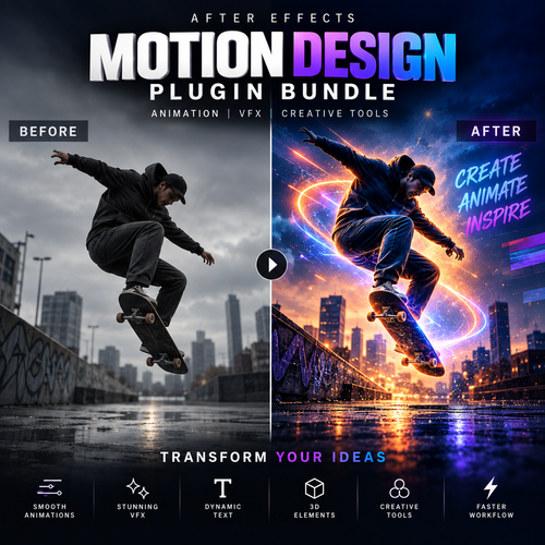 Promotional graphic for a motion design plugin bundle, showing a before-and-after comparison of a skateboarder in an urban setting. The left side is labeled 'BEFORE' with a dark, moody city scene, and the right side is labeled 'AFTER' with a vibrant, neon-lit sci-fi city scene.
