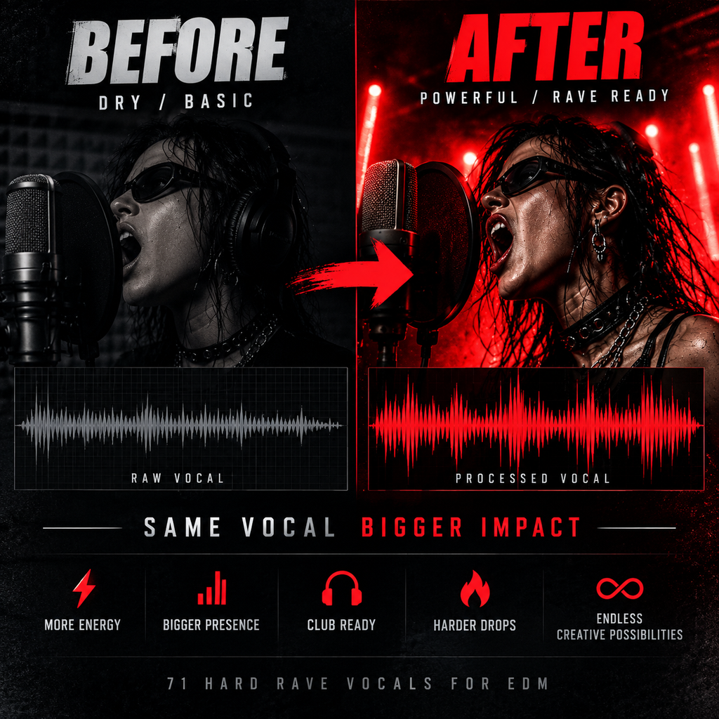 Before and after vocal processing comparison graphic for EDM music production. The left side labeled 'BEFORE' is dark gray/black with a monochrome photo of a woman singing into a microphone, raw vocal waveform, and text 'DRY / BASIC'.