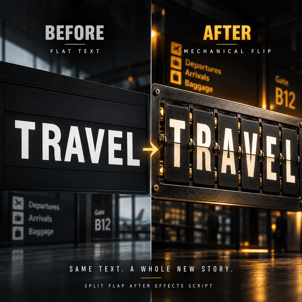 Before-and-after comparison graphic showing a travel departure board sign. The left side labeled BEFORE shows a simple black sign with white 'TRAVEL' text.