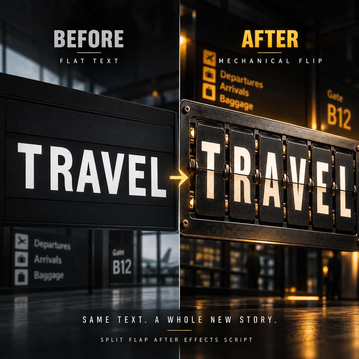 Before-and-after comparison graphic showing a travel departure board sign. The left side labeled BEFORE shows a simple black sign with white 'TRAVEL' text.