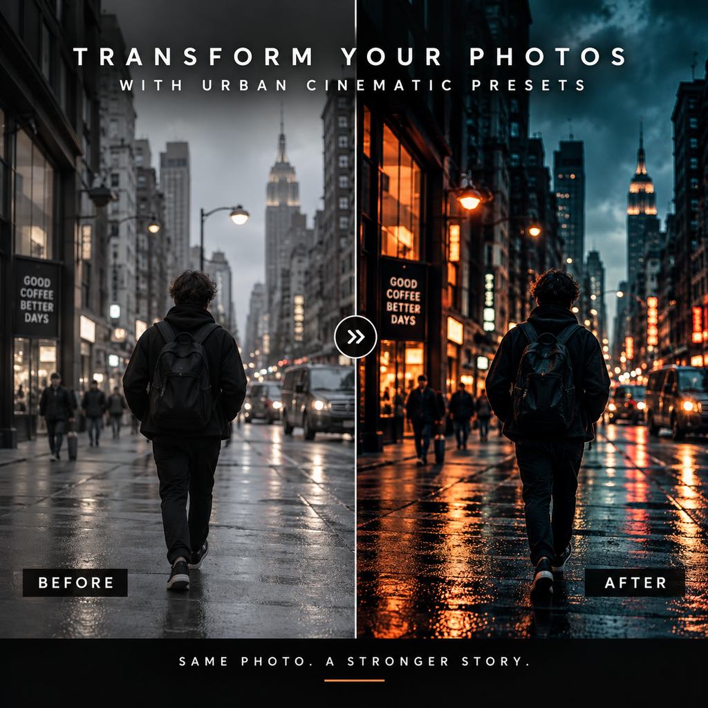 A promotional graphic for a photo-editing preset pack, showing a split comparison of the same city street scene labeled BEFORE and AFTER. The left side has a cooler, darker cinematic look, while the right side has a warmer, orange-golden cinematic look.