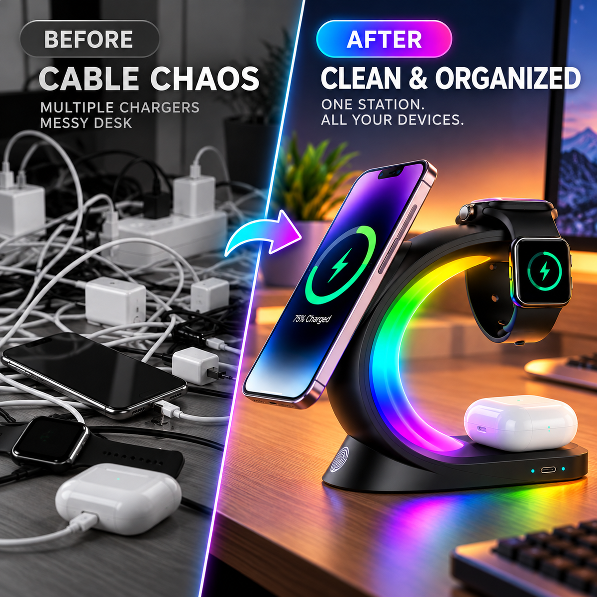 A split-screen comparison showing a wireless charging stand in use on a desk. The left side, labeled 'BEFORE' and 'CABLE CHAOS', shows a cluttered desk with multiple charging cables and devices.