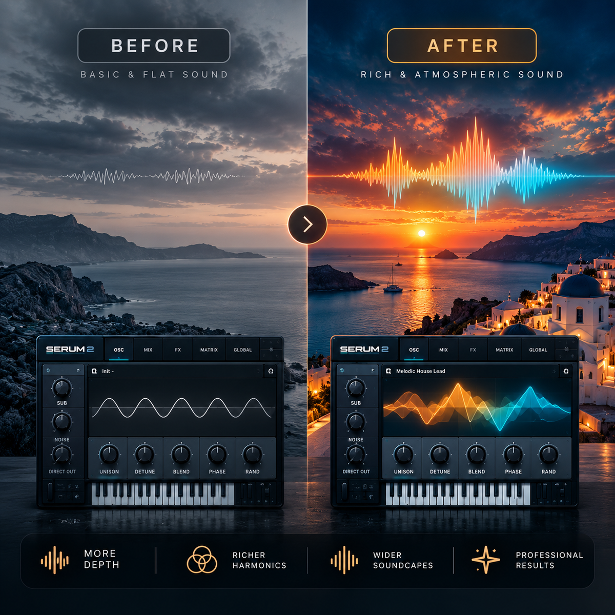 Melodic House Serum 2 presets comparison showing a basic synth sound versus a rich, atmospheric progressive house sound.