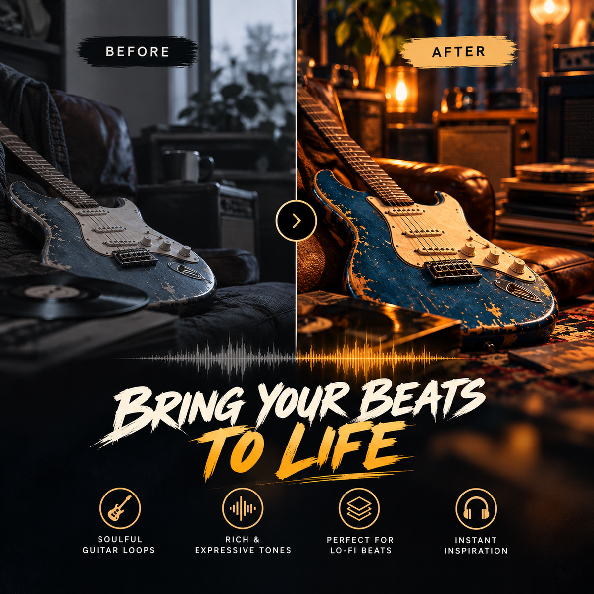 A promotional before-and-after graphic showing a blue and gold distressed electric guitar in two different lighting setups, labeled 'BEFORE' and 'AFTER' with the text 'BRING YOUR BEATS TO LIFE' and feature icons below.
