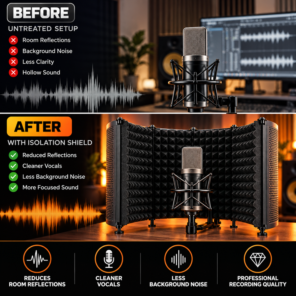 A promotional comparison graphic for a studio microphone isolation shield. The top half shows an untreated microphone setup with room reflections and background noise, labeled 'BEFORE'.