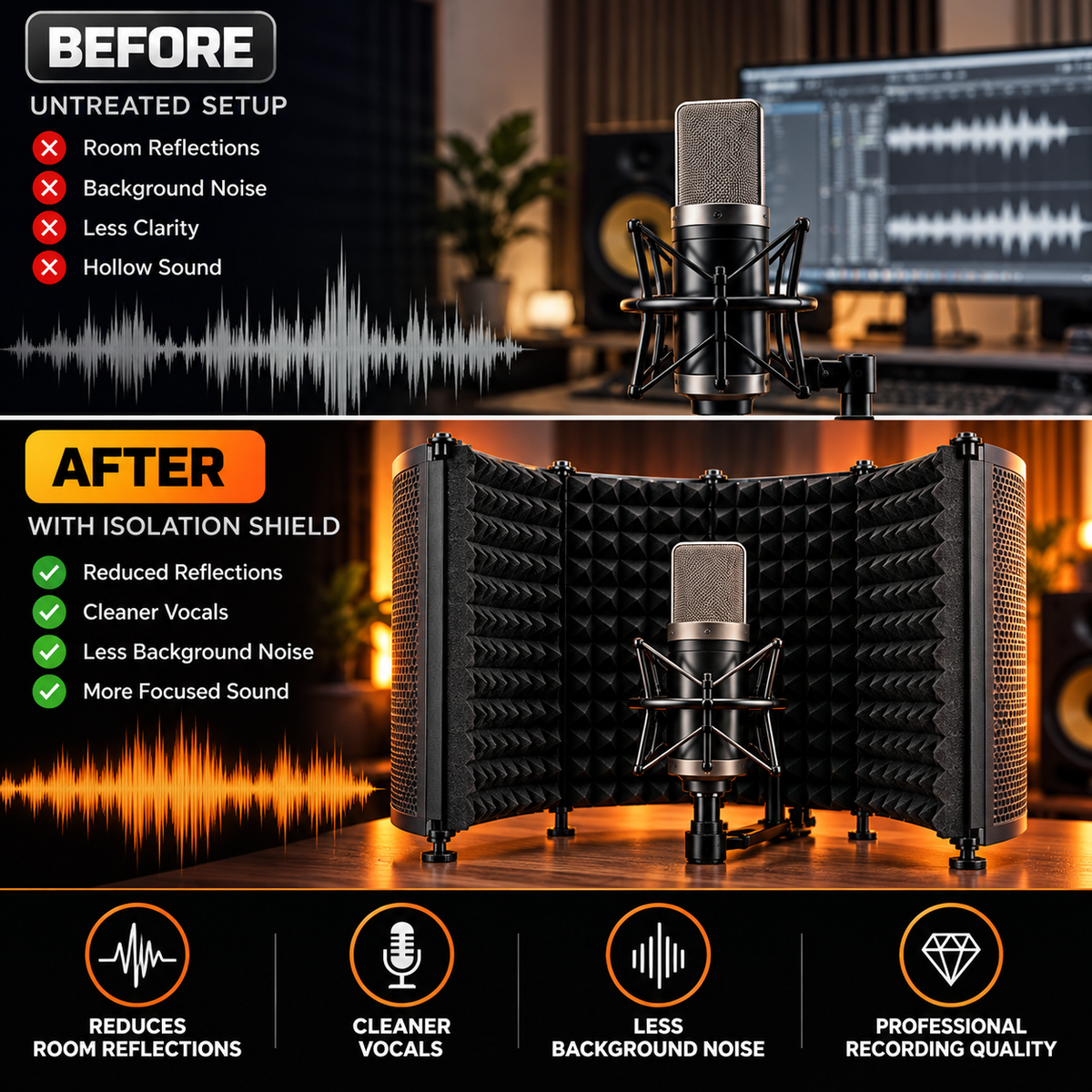 A promotional comparison graphic for a studio microphone isolation shield. The top half shows an untreated microphone setup with room reflections and background noise, labeled 'BEFORE'.