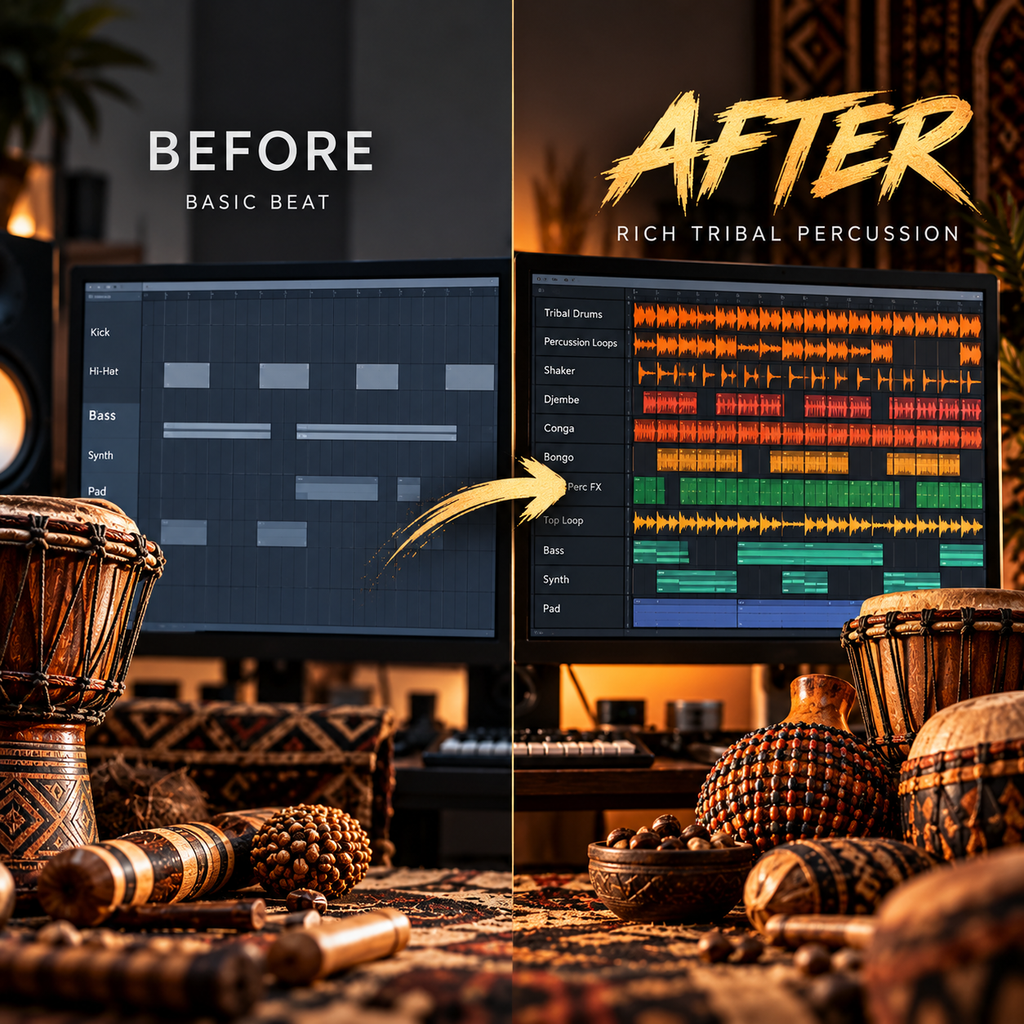 A split-screen comparison showing a digital audio workstation interface labeled 'BEFORE' on the left and 'AFTER' on the right, with 'RICH TRIBAL PERCUSSION' text above. The scene includes a computer monitor, djembe drums, percussion instruments, and warm ambient lighting in a styled interior setup.