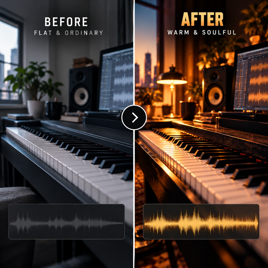 A split-screen comparison showing a digital audio workstation keyboard setup in two lighting styles. The left side is labeled 'BEFORE' and appears cool, neutral, and underlit.