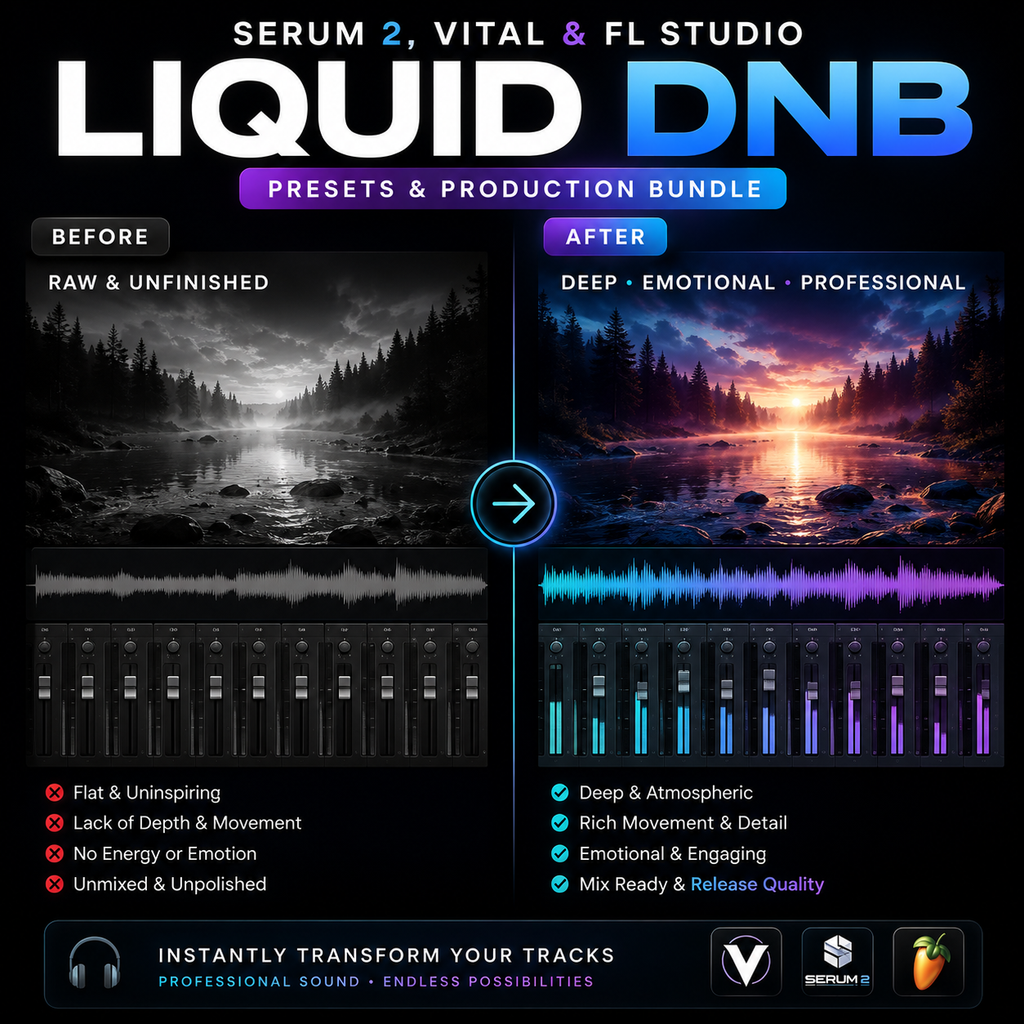 Promotional graphic for a 'Liquid DNB Presets & Production Bundle' for Serum 2, Vital, and FL Studio. The image shows a 'Before' and 'After' comparison of audio track generation, featuring a dark forest lake scene in black and white on the left, and a rich, colorful sunset scene on the right with a purple and blue audio waveform.