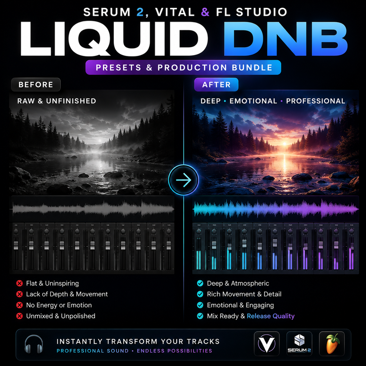 Promotional graphic for a 'Liquid DNB Presets & Production Bundle' for Serum 2, Vital, and FL Studio. The image shows a 'Before' and 'After' comparison of audio track generation, featuring a dark forest lake scene in black and white on the left, and a rich, colorful sunset scene on the right with a purple and blue audio waveform.