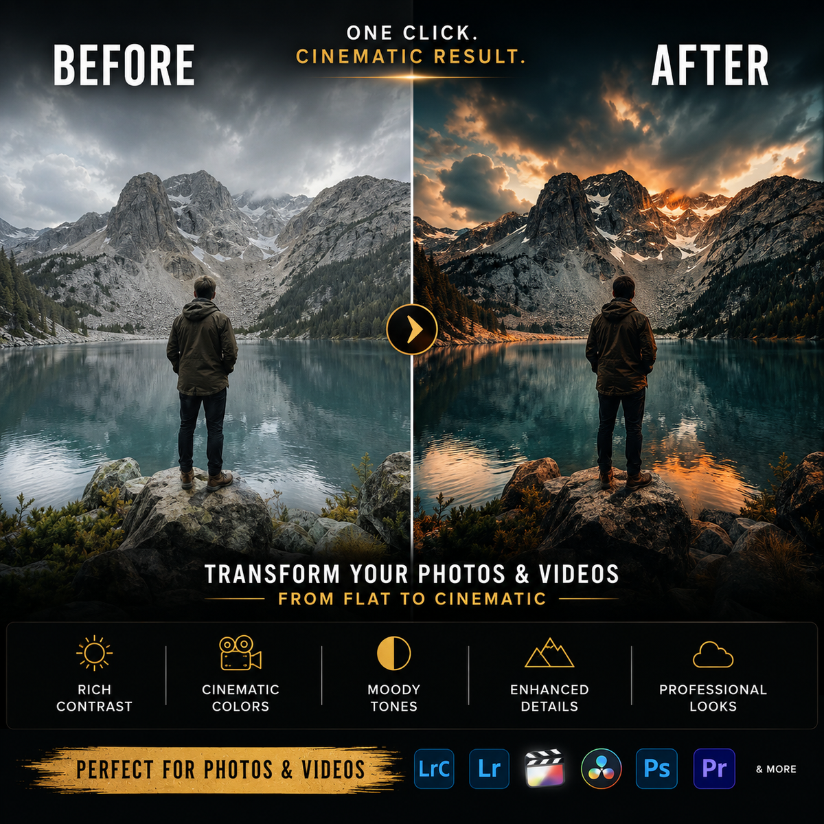 Before-and-after comparison graphic showing a mountain lake landscape with a person standing on a rock, with dramatic cloudy sky and warm sunset tones in the 'after' version. Text reads 'BEFORE' and 'AFTER', 'ONE CLICK.