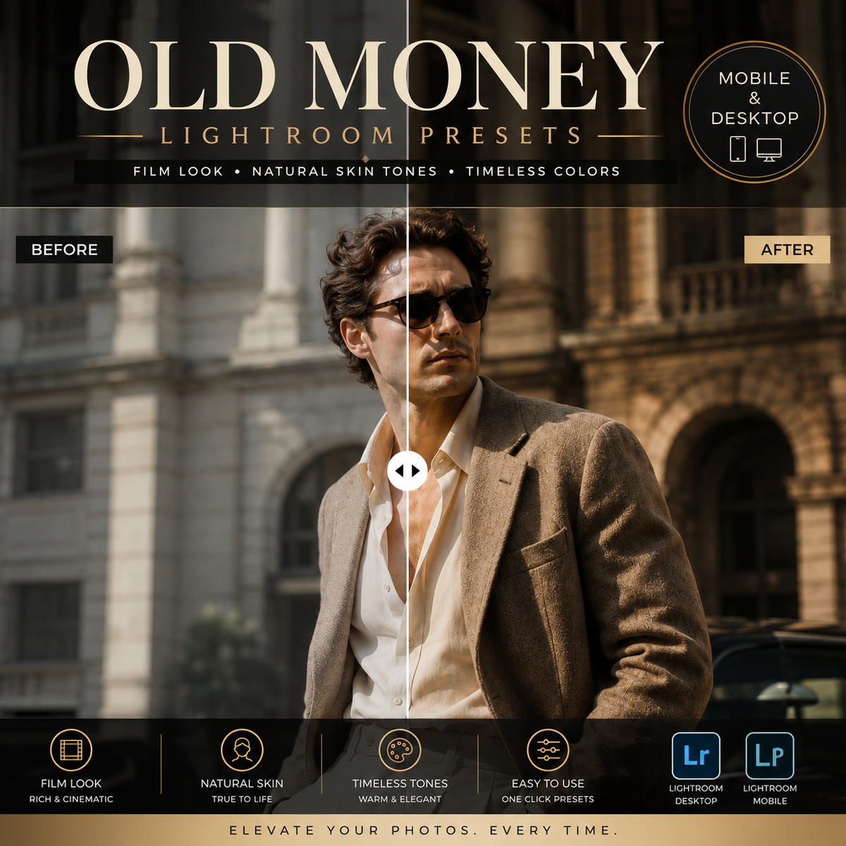 Promotional graphic for 'Old Money Lightroom Presets' showing a before-and-after photo comparison of a man in a brown blazer and sunglasses. The top features the product title in elegant gold lettering, and the bottom displays feature icons for Lightroom and Lighter.