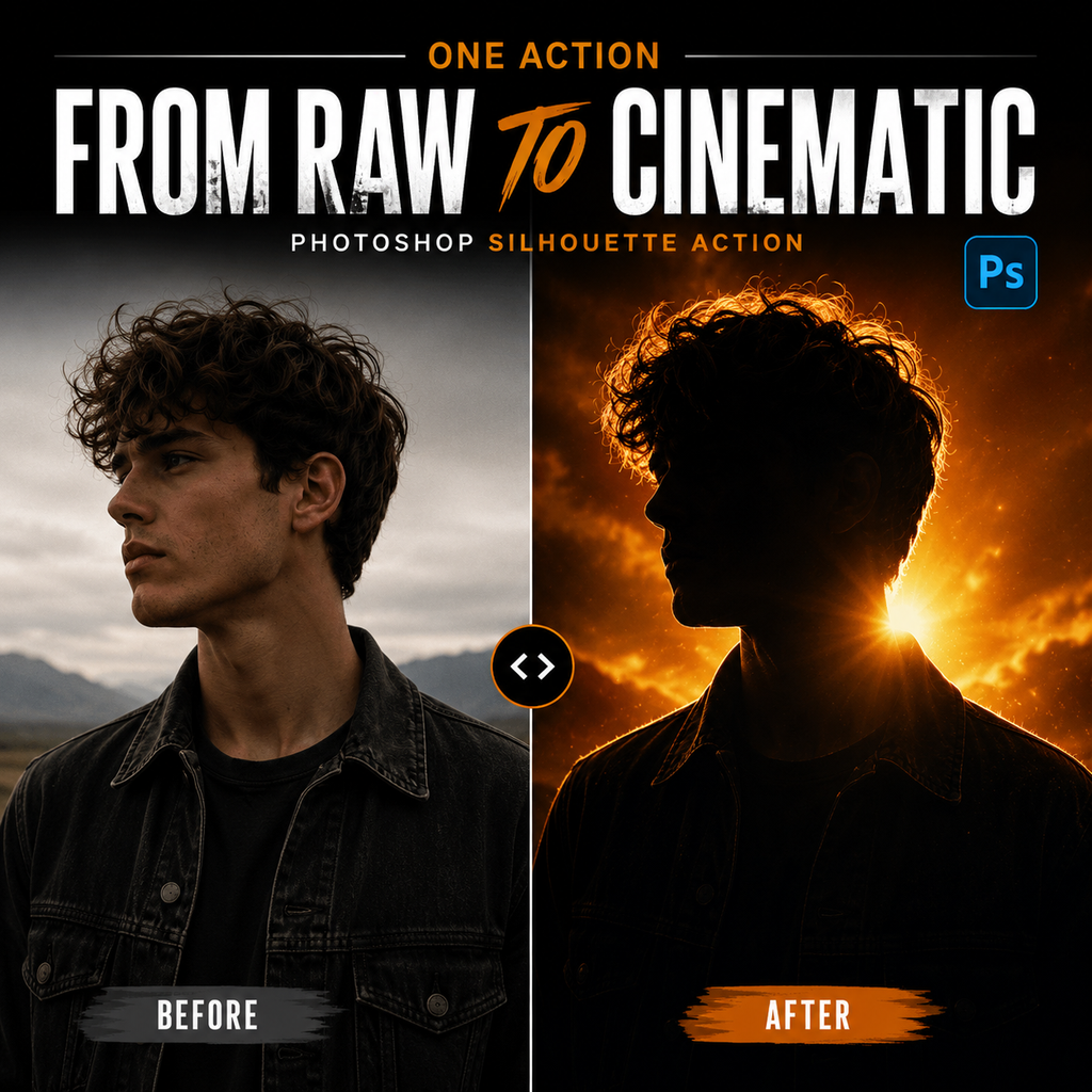 Promotional graphic for a Photoshop silhouette action, showing a split before/after comparison with a young man in profile. The left side is a muted, low-contrast landscape background, and the right side is a dramatic golden-orange sunset silhouette.