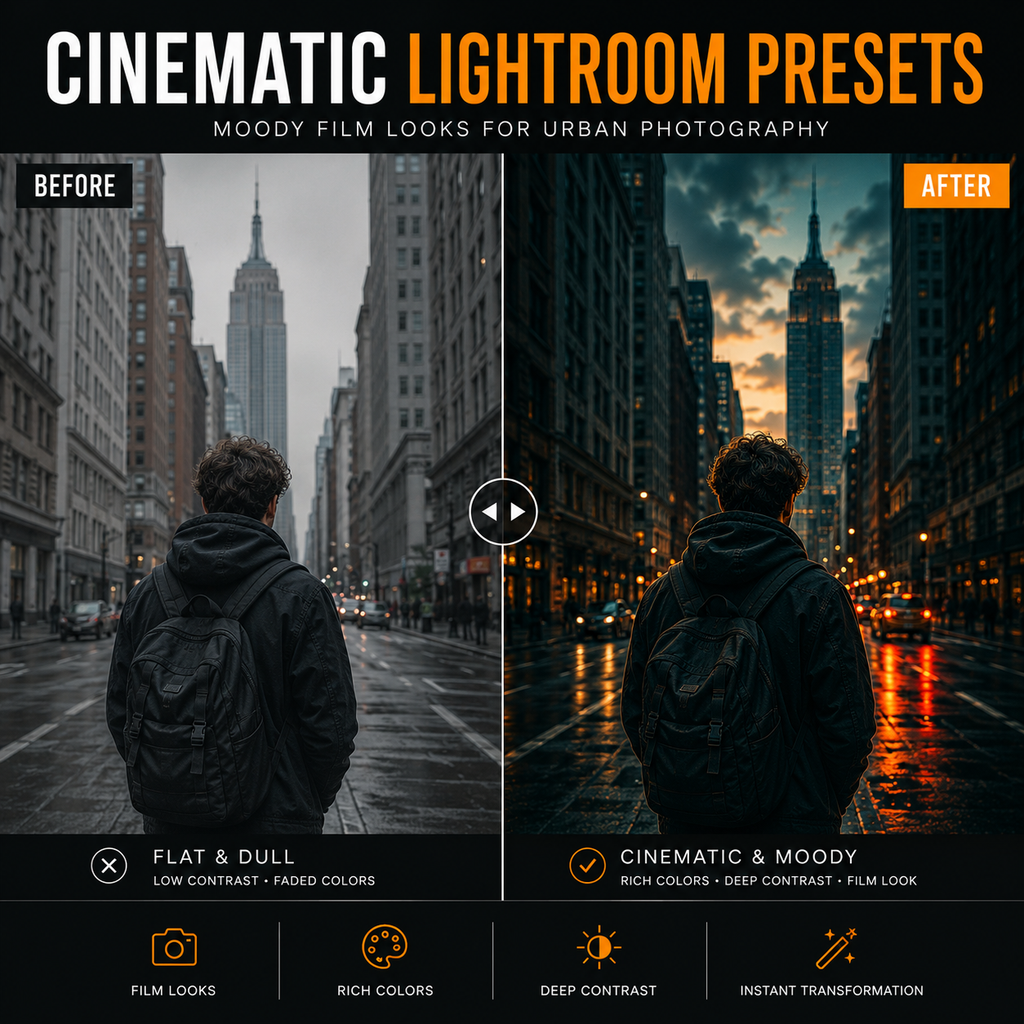 Before and after urban street photo edited with cinematic Lightroom presets for moody film colors and contrast.