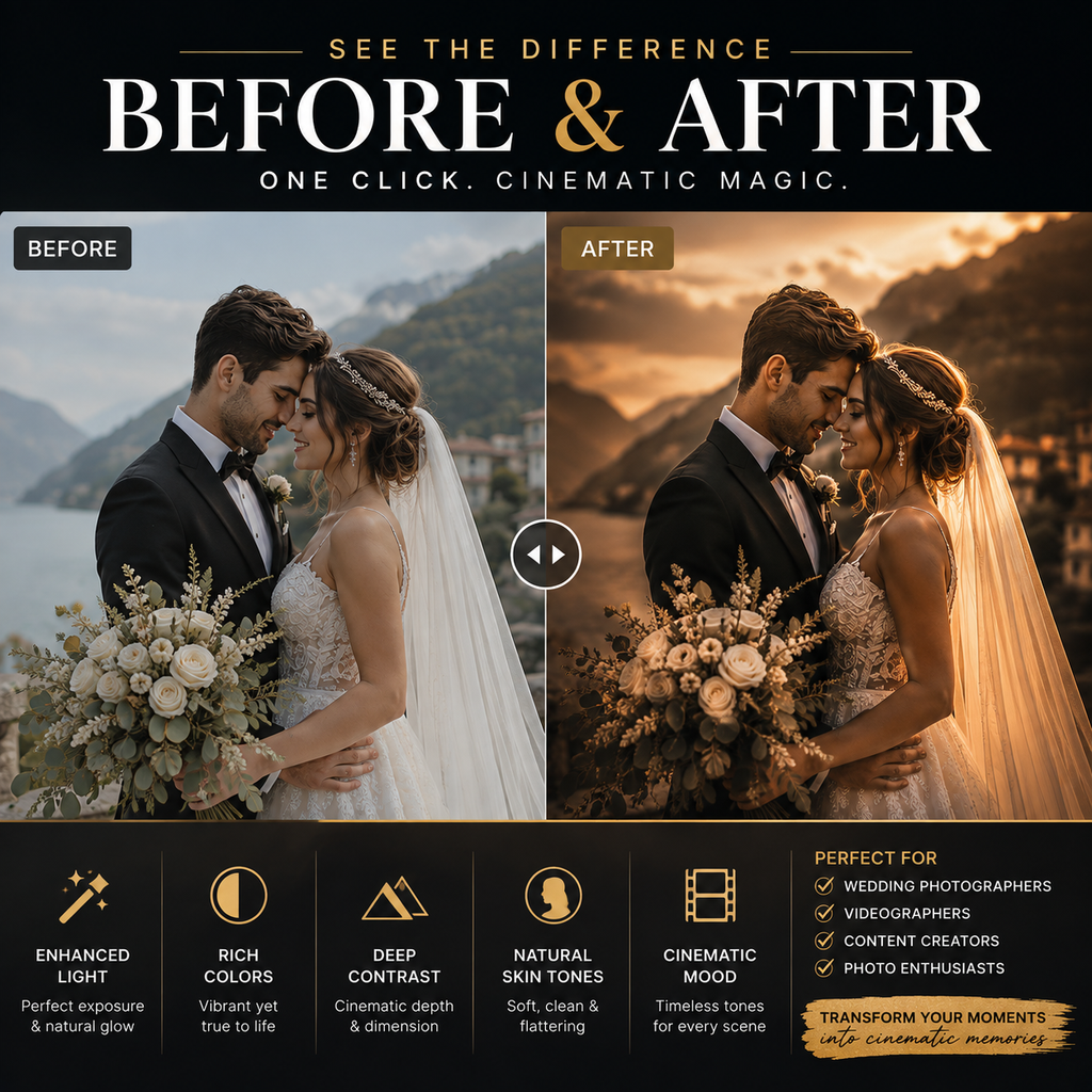 Before and after photo editing comparison graphic for a wedding photography service or preset pack. The left 'before' image shows a couple outdoors with soft daylight and slightly hazy scenery; the right 'after' image shows the same couple with warmer, richer lighting and stronger contrast.