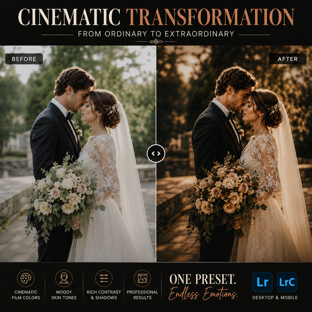 A promotional graphic for a photo-editing preset showing a side-by-side 'Before' and 'After' comparison of a bride and groom embracing. The 'Before' side has cooler, natural lighting, while the 'After' side has a warm, cinematic, golden-hour look.