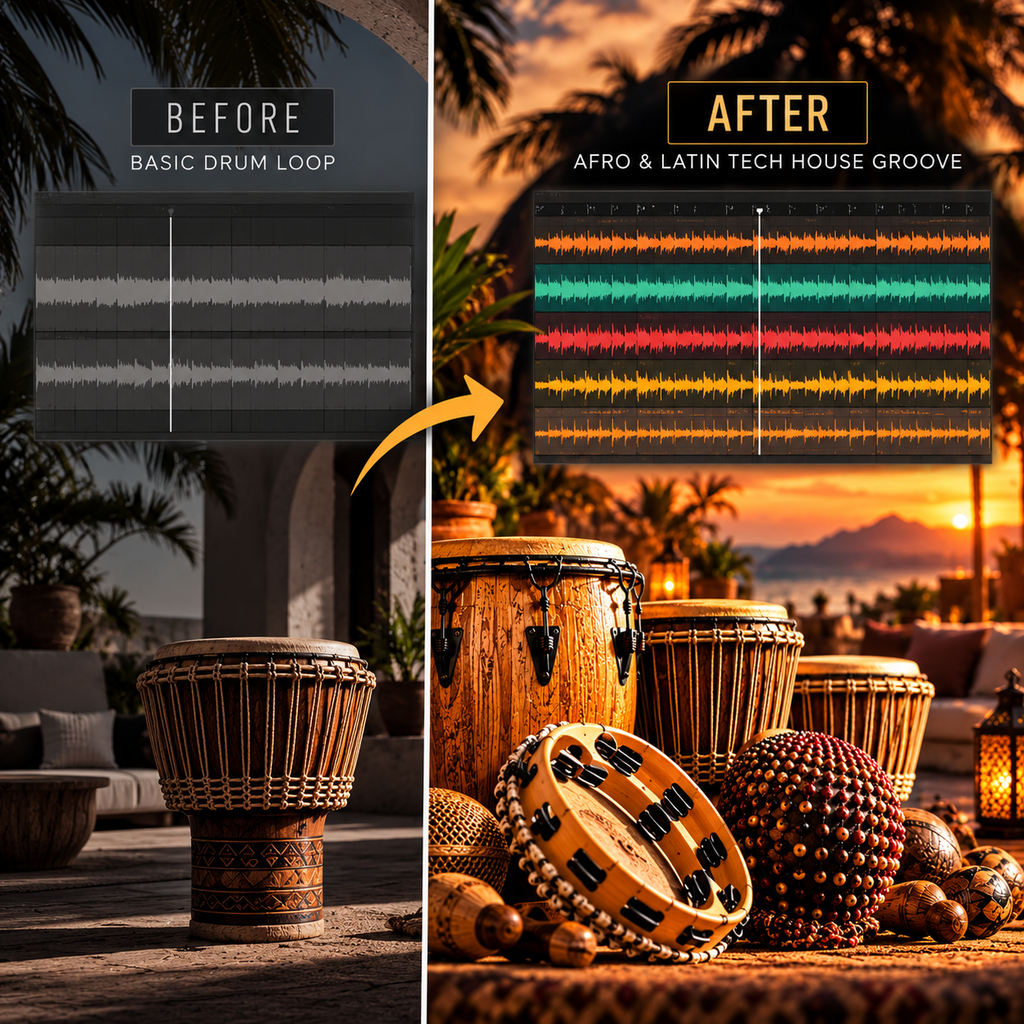 A split before-and-after graphic showing drum loops: a basic gray waveform labeled 'BEFORE' on the left, and a colorful multi-harmony groove labeled 'AFTER' on the right, with tropical outdoor scenes and several hand drums in the background.