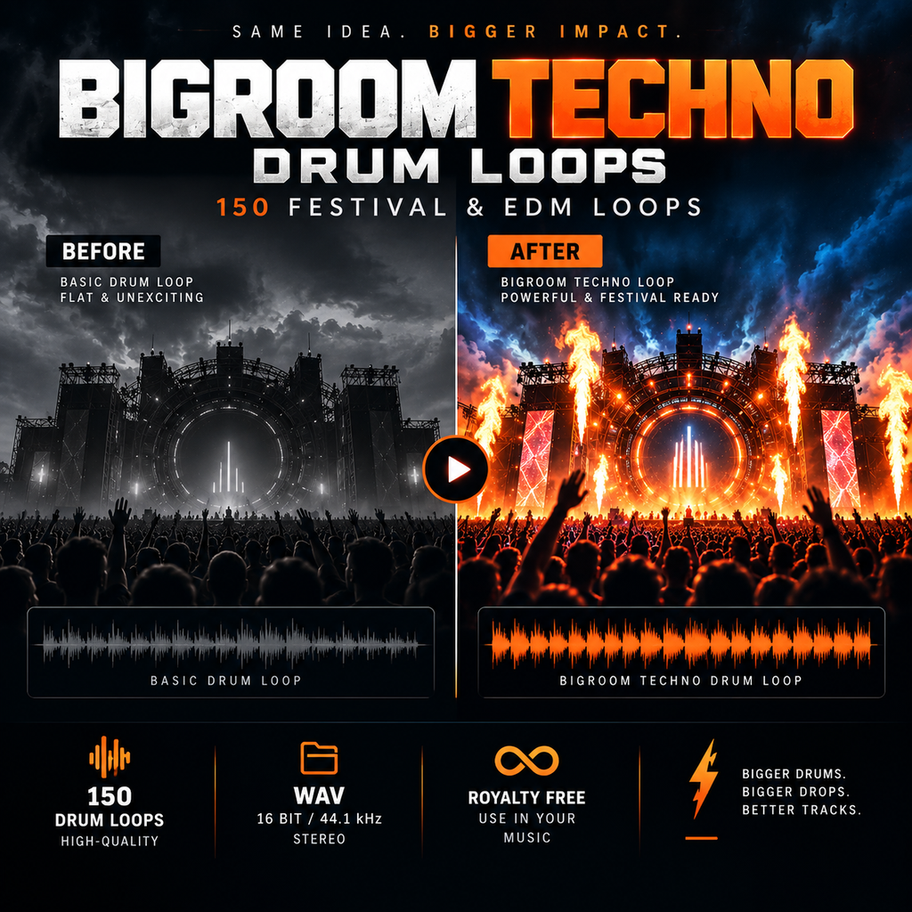 Promotional graphic for Bigroom Techno Drum Loops, showing a before-and-after comparison of a drum loop in a dark concert scene with and without vibrant orange fire and crowd energy. Features text highlighting '150 Festival & EDM Loops' and technical specs at the bottom.