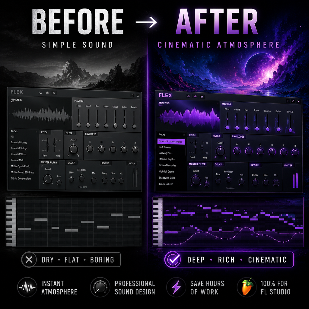 Promotional graphic for an audio plugin or sound design effect, comparing a dark gray 'Before' preset interface with a vivid purple 'After' preset interface over space-themed backgrounds. Text reads 'BEFORE SIMPLE SOUND' and 'AFTER CINEMATIC ATMOSPHERE,' with feature callouts at the bottom including 'DRY • FLAT • BORING' and 'DEEP • RICH • CINEMATIC.
