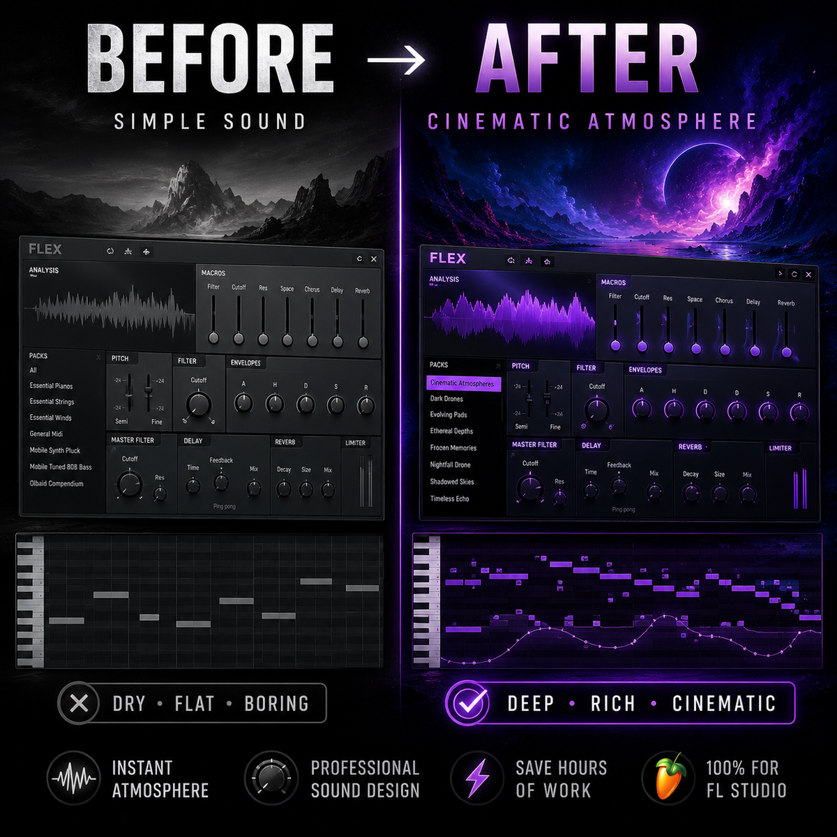 Promotional graphic for an audio plugin or sound design effect, comparing a dark gray 'Before' preset interface with a vivid purple 'After' preset interface over space-themed backgrounds. Text reads 'BEFORE SIMPLE SOUND' and 'AFTER CINEMATIC ATMOSPHERE,' with feature callouts at the bottom including 'DRY • FLAT • BORING' and 'DEEP • RICH • CINEMATIC.