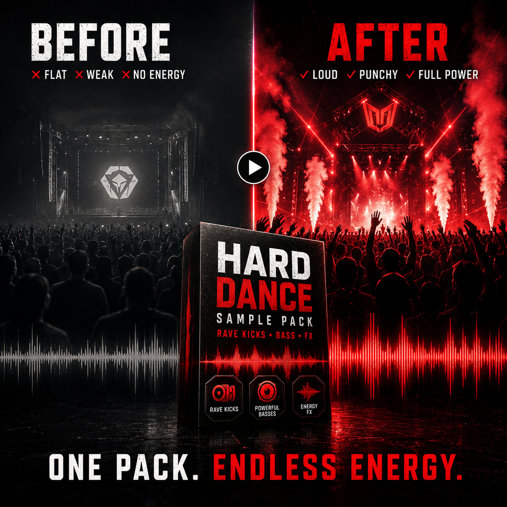 Promotional graphic for a music sample pack titled 'HARD DANCE SAMPLE PACK' with a split before/after concert scene in black and red, plus text reading 'ONE PACK. ENDLESS ENERGY.