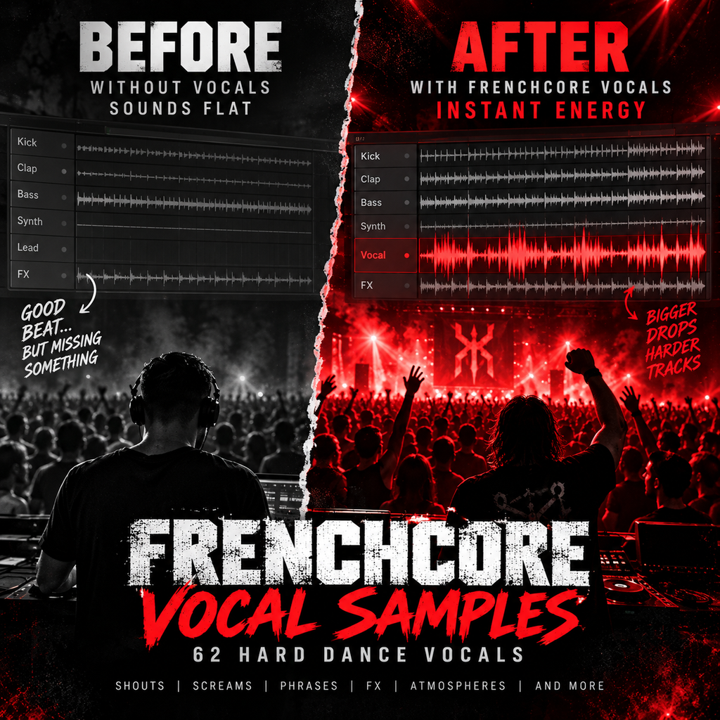 Promotional graphic for a music sample pack titled 'Frenchcore Vocal Samples'. The image is split down the middle with a red divider, showing a dark concert scene on the left labeled 'Before' and a high-energy red-lit concert scene on the right labeled 'After'.