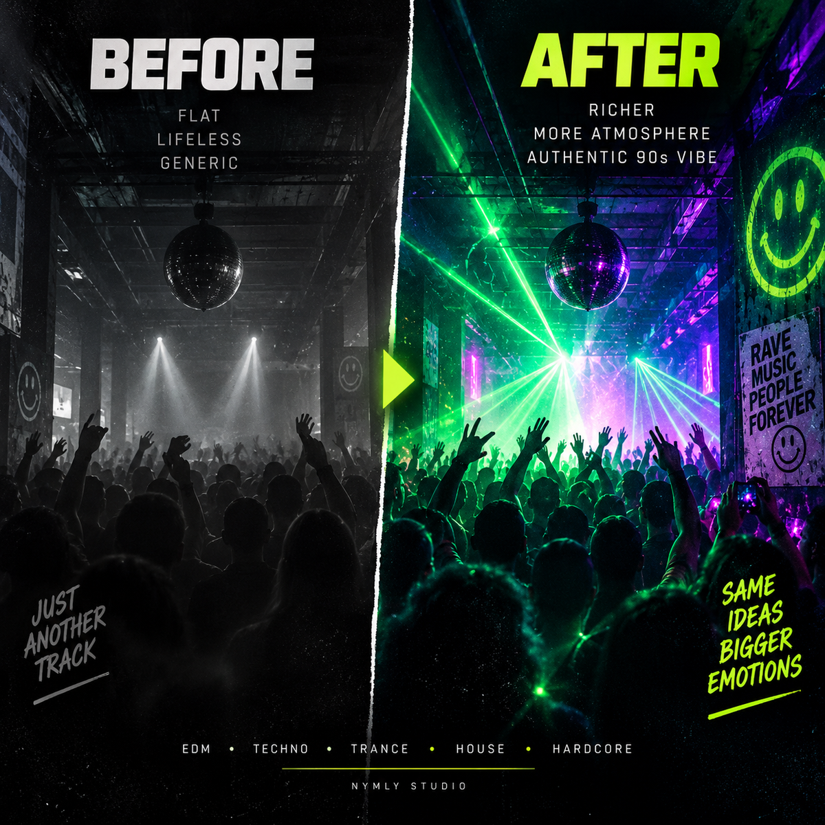 Before and after comparison graphic for a music sample pack or editing effect. The left side, labeled 'BEFORE', shows a dark club scene with a disco ball and crowd in black and white.
