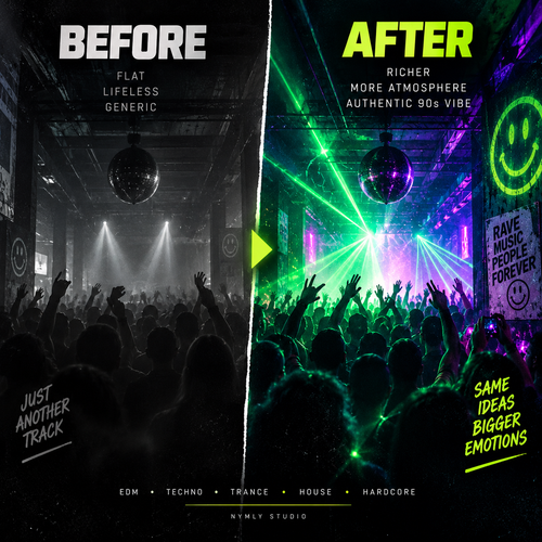 Before and after comparison graphic for a music sample pack or editing effect. The left side, labeled 'BEFORE', shows a dark club scene with a disco ball and crowd in black and white.