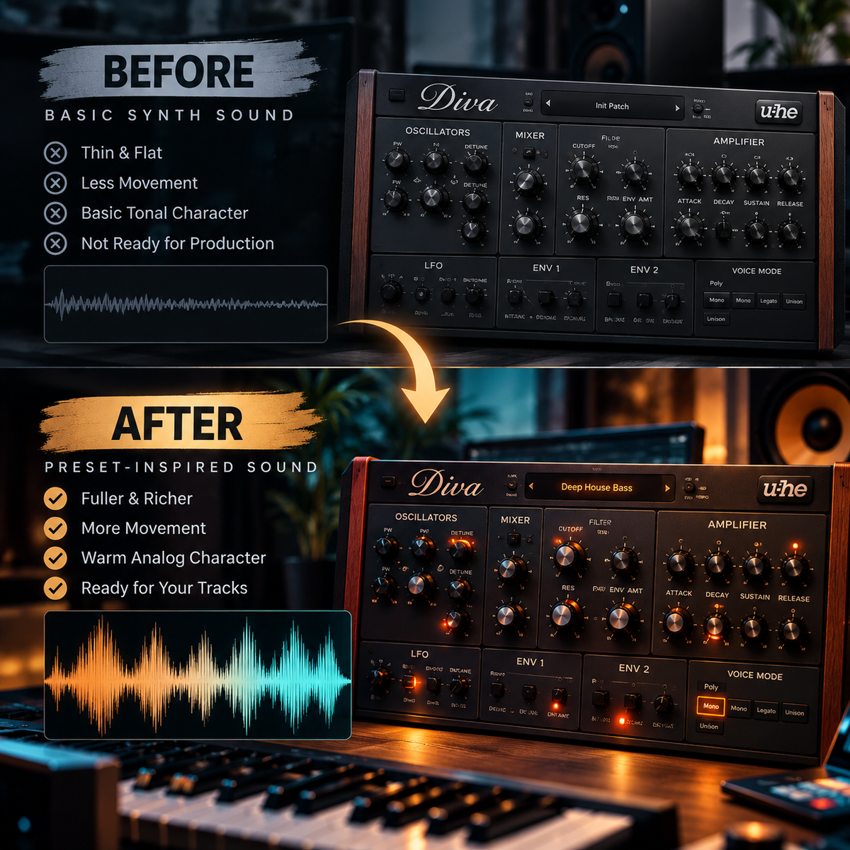 A promotional comparison graphic for a modular synthesizer, showing a dark 'Diva' unit labeled 'Before' with text about basic sound characteristics and an audio waveform, alongside a 'After' view of the same unit with warmer, preset-inspired settings and a colorful audio waveform. The image includes a keyboard and blurred background elements.