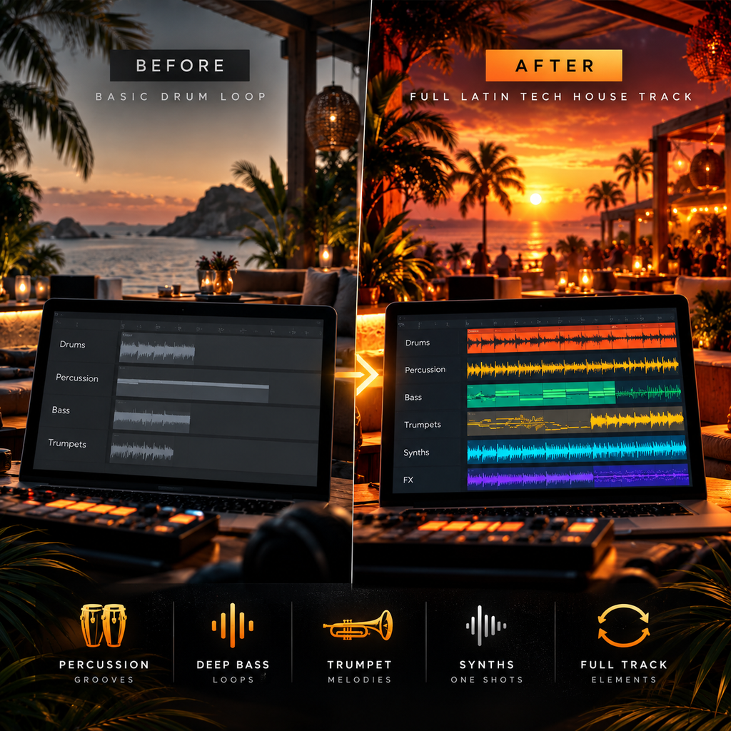 A promotional before-and-after comparison for a music production software feature, showing a sunset beach bar scene labeled 'BEFORE' and 'AFTER' with a drum loop editor interface on a laptop. The bottom row displays feature icons and labels: 'Percussion Grooves', 'Deep Bass Loops', 'Trumpet Melodies', 'Synths One Shots', and 'Full Track Elements'.