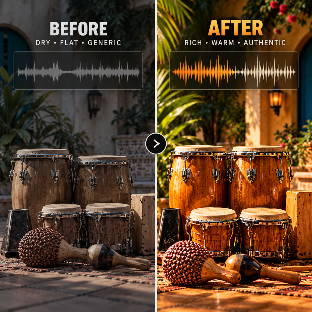 Before and after comparison of Latin percussion WAV samples, showcasing warm congas, bongos, and vibrant salsa-inspired visuals.