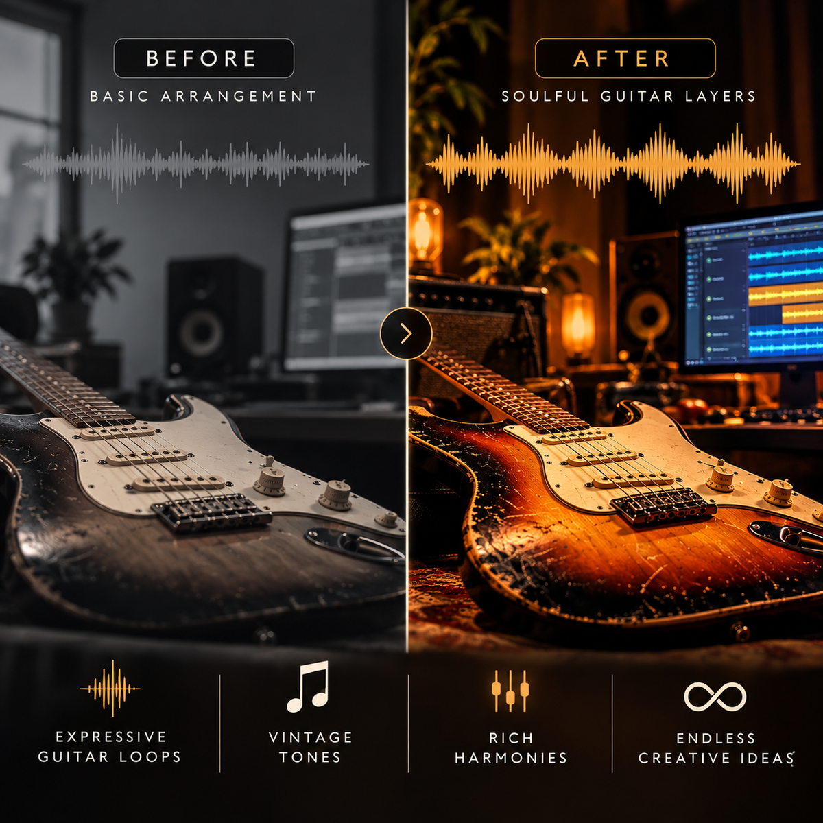 A promotional before-and-after comparison graphic for a guitar sound effect or arrangement plugin. The left side, labeled 'BEFORE' and 'BASIC ARRANGEMENT,' shows a dark, moody scene with a vintage-style electric guitar and a simple waveform.