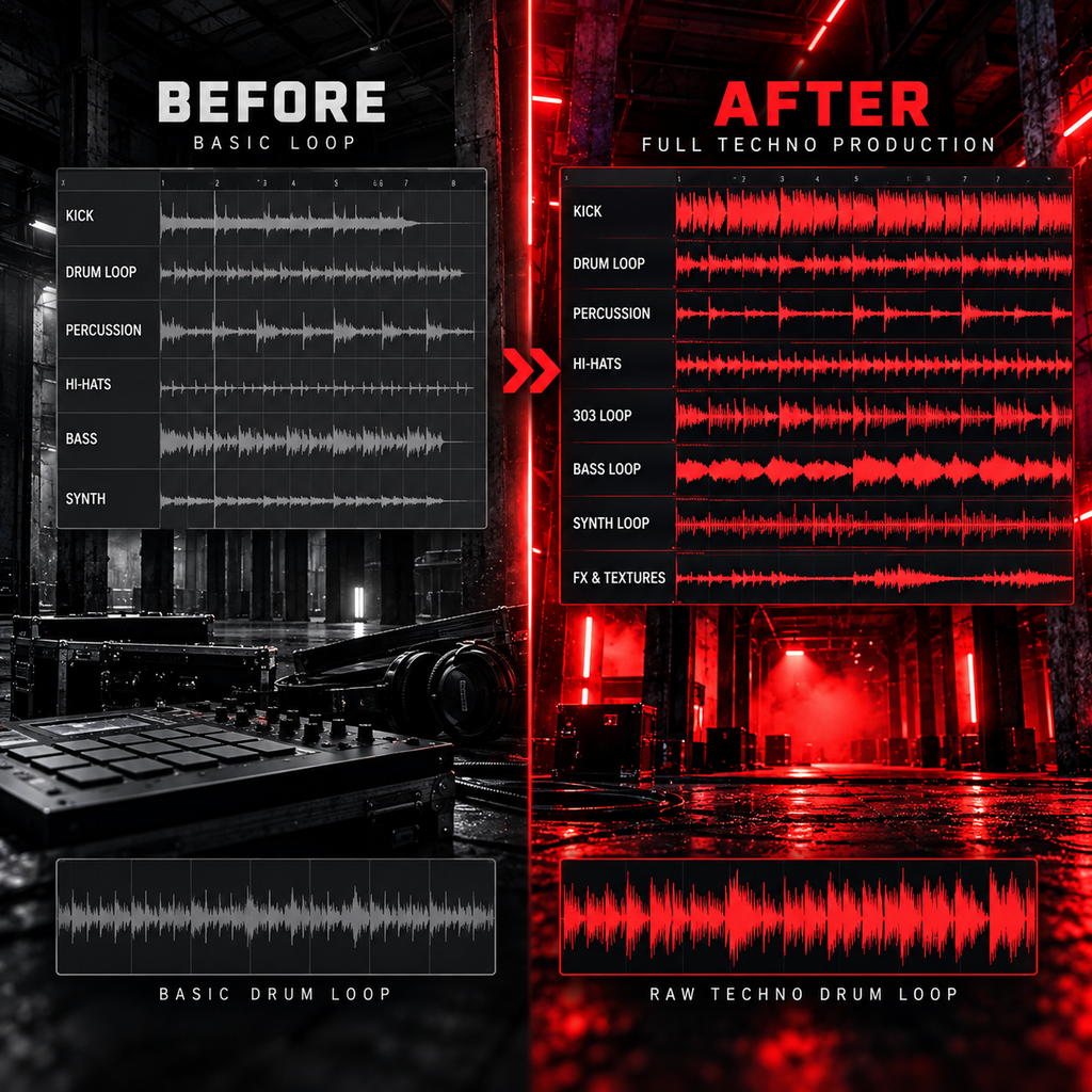 A split comparison graphic labeled BEFORE and AFTER, showing a dark studio scene with a keyboard and audio meters. The left side is mostly black and gray with white waveform lines, while the right side is dominated by red lighting and red waveform lines.