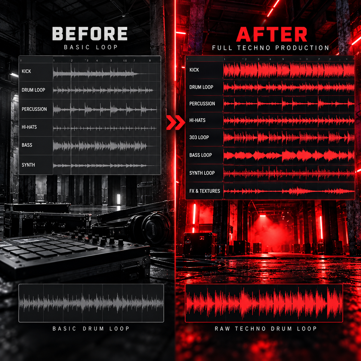 A split comparison graphic labeled BEFORE and AFTER, showing a dark studio scene with a keyboard and audio meters. The left side is mostly black and gray with white waveform lines, while the right side is dominated by red lighting and red waveform lines.