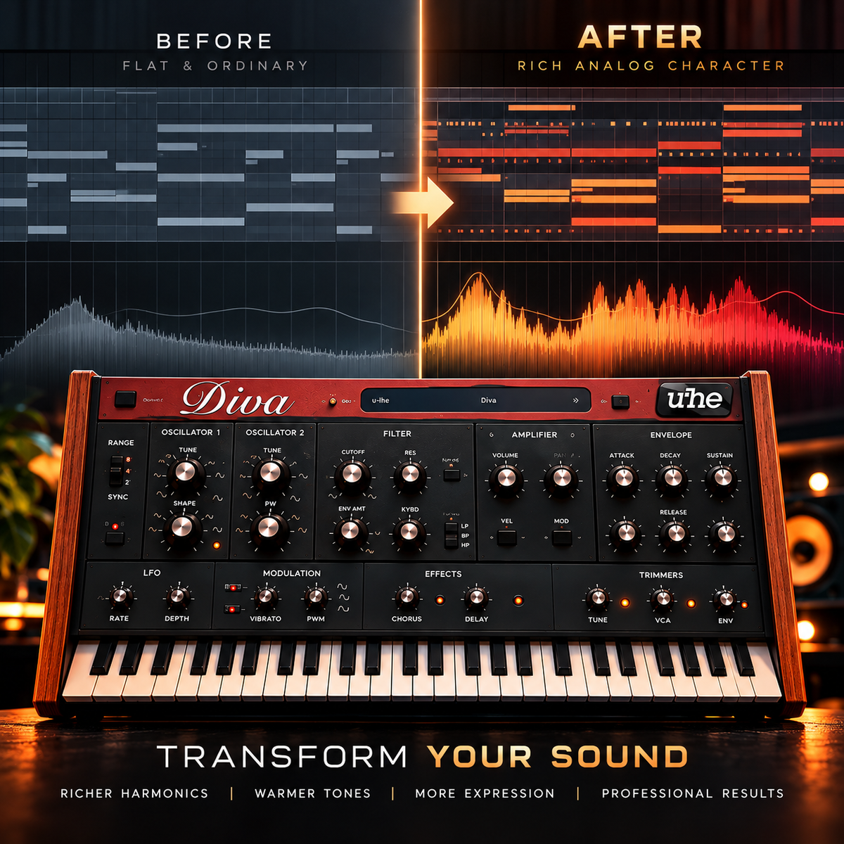 A promotional graphic for a digital audio plugin or software feature, showing a Divoa synthesizer keyboard at the bottom and a before/after waveform comparison above labeled 'BEFORE FLAT & ORDINARY' and 'AFTER RICK ANALOGIC CHARACTER.' The text 'TRANSFORM YOUR SOUND' appears at the bottom.