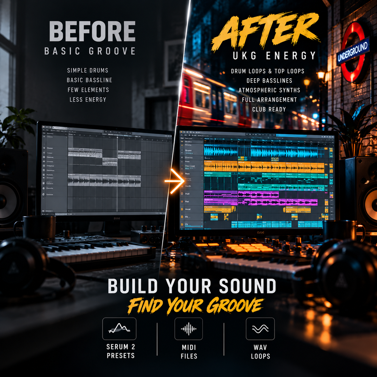 Promotional graphic for a music production preset pack, showing a split-screen comparison labeled 'BEFORE Basic Groove' and 'AFTER UKG Energy.' The left side shows a dark studio setup with a computer monitor displaying a basic arrangement, while the right side shows a similarly styled setup with a more polished, energetic arrangement.