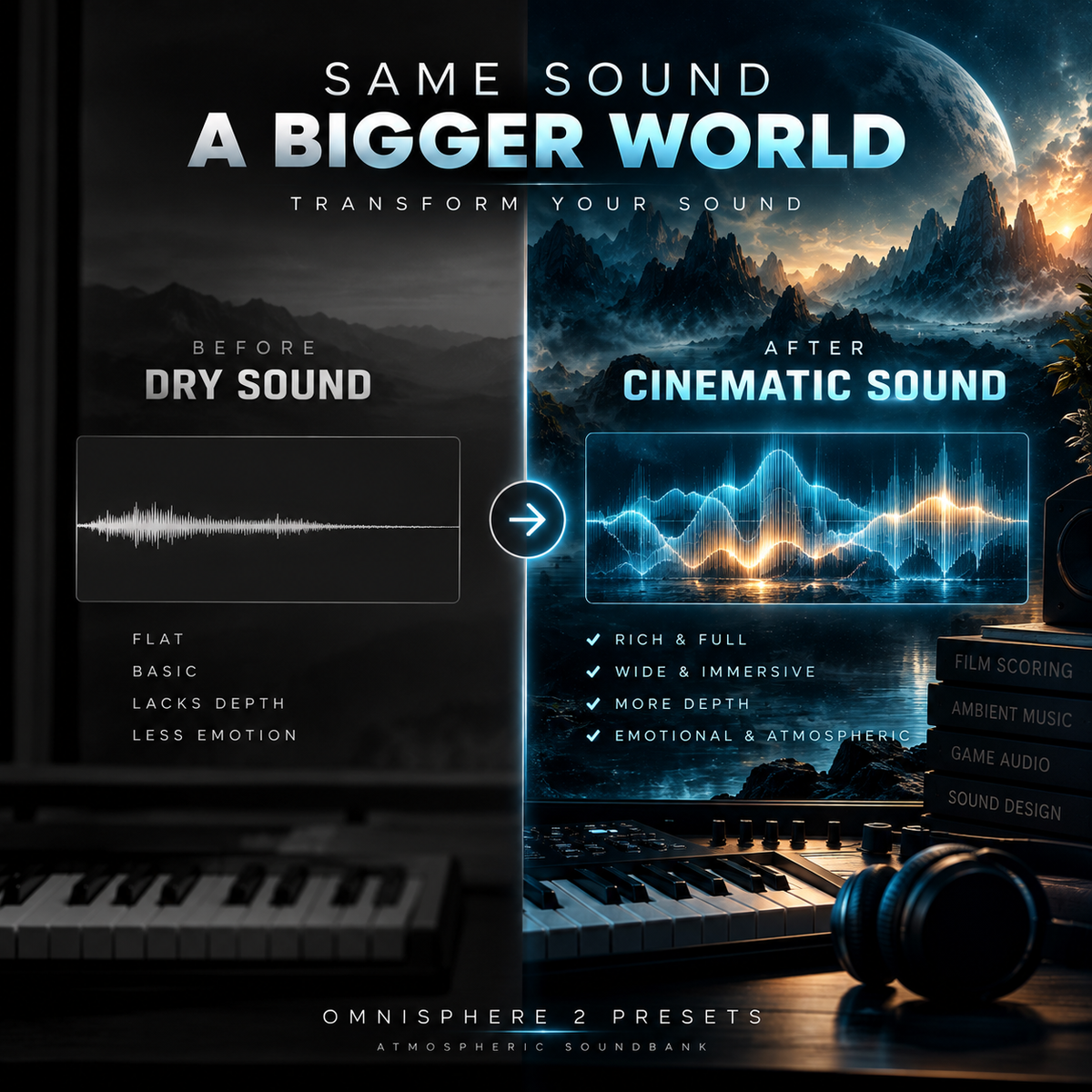 Promotional graphic for Omnisphere 2 presets showing a before-and-after comparison of sound processing. The left side, labeled 'Before Dry Sound,' shows a dark, flat waveform with a keyboard and headphones in the foreground.