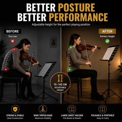 Promotional infographic for an adjustable violin stand, showing a woman playing violin in a dim room with a before/after posture comparison. The left side shows poor posture with red markers and 'Too Low', while the right side shows better posture with green markers and 'Perfect Height'.