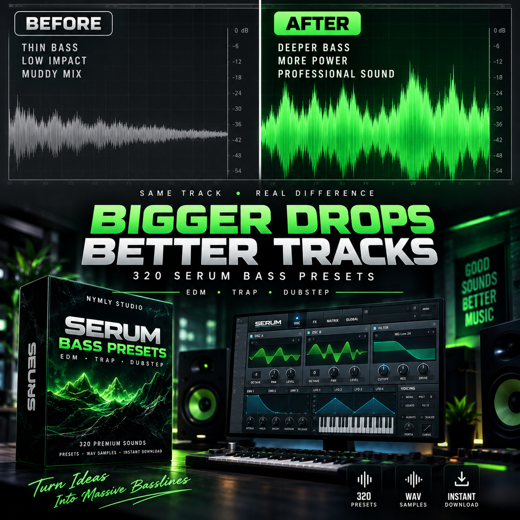 Promotional graphic for Serum bass presets, showing a software interface, a speaker, a laptop, and a product box with green waveform graphics and text such as 'Before' and 'After' and 'Bigger Drops Better Tracks'.