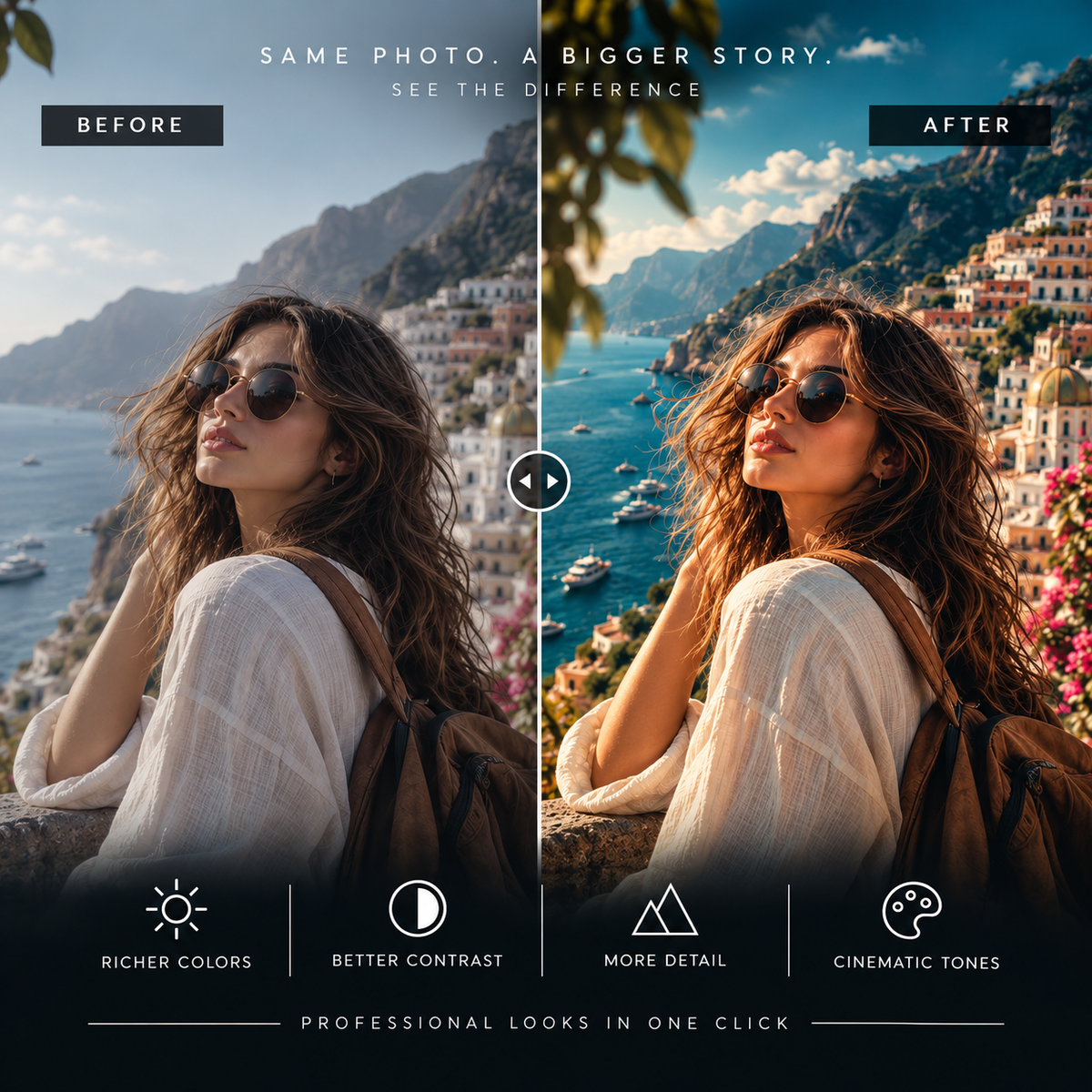 Before-and-after split comparison of a woman's portrait with sunglasses, showing a coastal hillside town in the 'After' version with richer colors and more detail, plus text highlighting photo-editing benefits.
