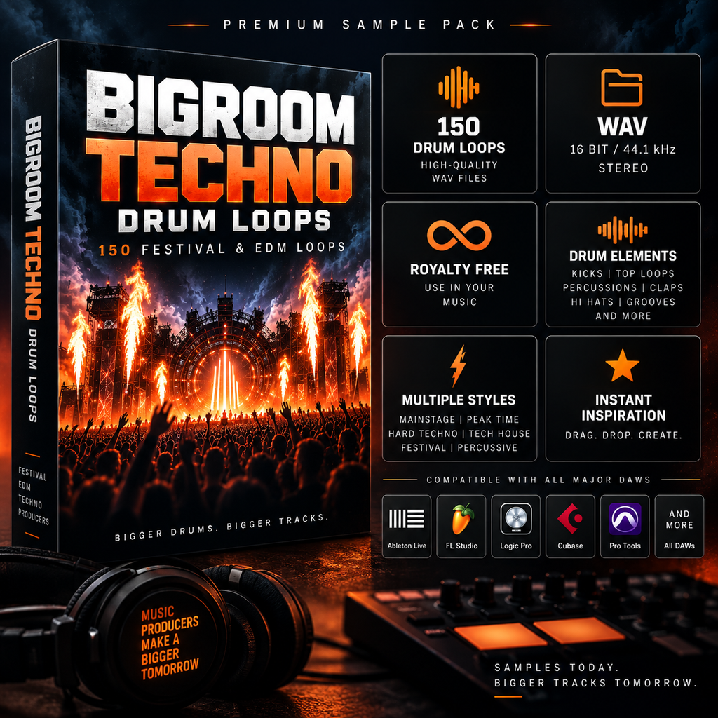 Promotional graphic for a Bigroom Techno Drum Loops premium sample pack, showing a boxed product, feature callout icons, compatibility logos, and headphones on a dark background.