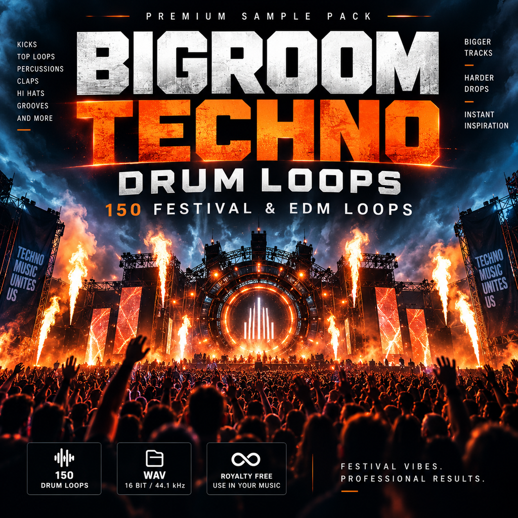 Promotional cover art for a digital sample pack titled 'Bigroom Techno Drum Loops' with fiery concert-stage imagery, crowd silhouettes, and text advertising 150 festival and EDM loops.