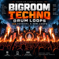 Promotional cover art for a digital sample pack titled 'Bigroom Techno Drum Loops' with fiery concert-stage imagery, crowd silhouettes, and text advertising 150 festival and EDM loops.