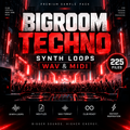 Promotional cover art for a Big Room Techno sample pack featuring 225 WAV and MIDI loops. The design showcases a high-energy club scene with a crowd, DJ decks, and vibrant red neon lights, with bold white and red text reading 'BIGROOM TECHNO SYNTH LOOPS' and 'WAV & MIDI'.