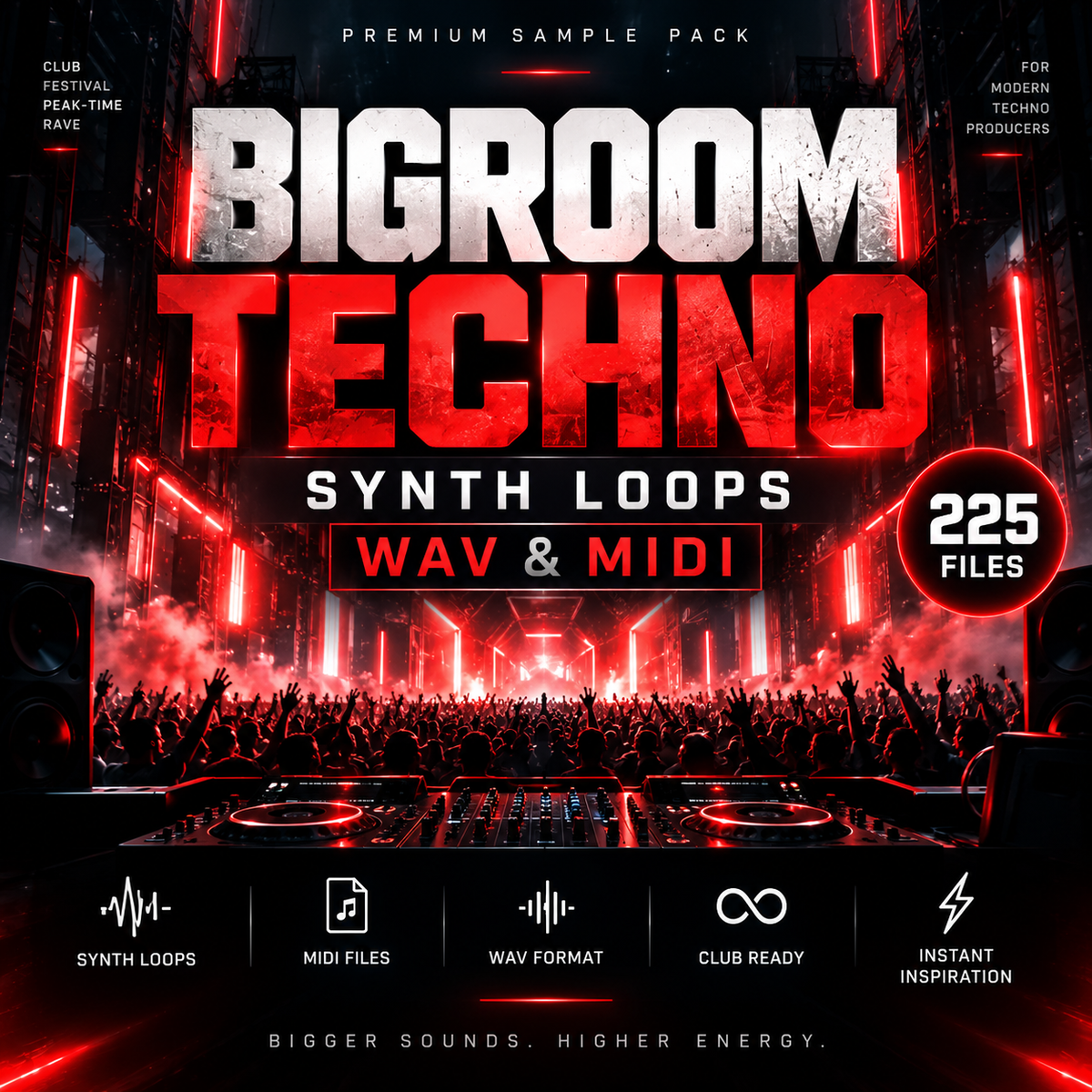 Promotional cover art for a Big Room Techno sample pack featuring 225 WAV and MIDI loops. The design showcases a high-energy club scene with a crowd, DJ decks, and vibrant red neon lights, with bold white and red text reading 'BIGROOM TECHNO SYNTH LOOPS' and 'WAV & MIDI'.
