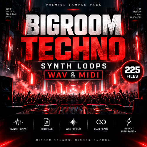 Promotional cover art for a Big Room Techno sample pack featuring 225 WAV and MIDI loops. The design showcases a high-energy club scene with a crowd, DJ decks, and vibrant red neon lights, with bold white and red text reading 'BIGROOM TECHNO SYNTH LOOPS' and 'WAV & MIDI'.
