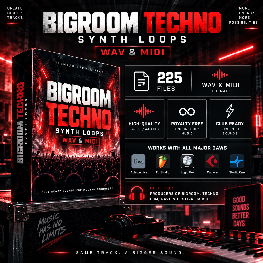 Promotional graphic for Bigroom Techno Synth Loops, showing a boxed pack cover, a keyboard, and a computer monitor with red neon lighting and text highlighting 225 WAV & MIDI files and compatibility with DAW, Live, FL Studio, Logic Pro, Cubase, and Studio One.