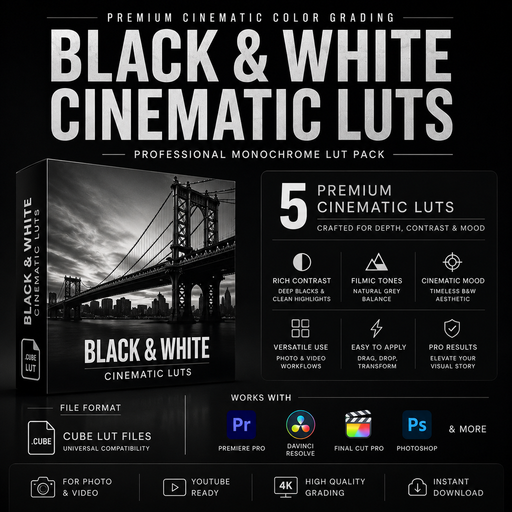 Promotional graphic for a Black & White Cinematic Luts pack, showing a boxed product mockup, large white title text, feature callouts, software compatibility icons for Premiere Pro, DaVinci Resolve, Final Cut Pro, and Photoshop, and download icons on a black background.