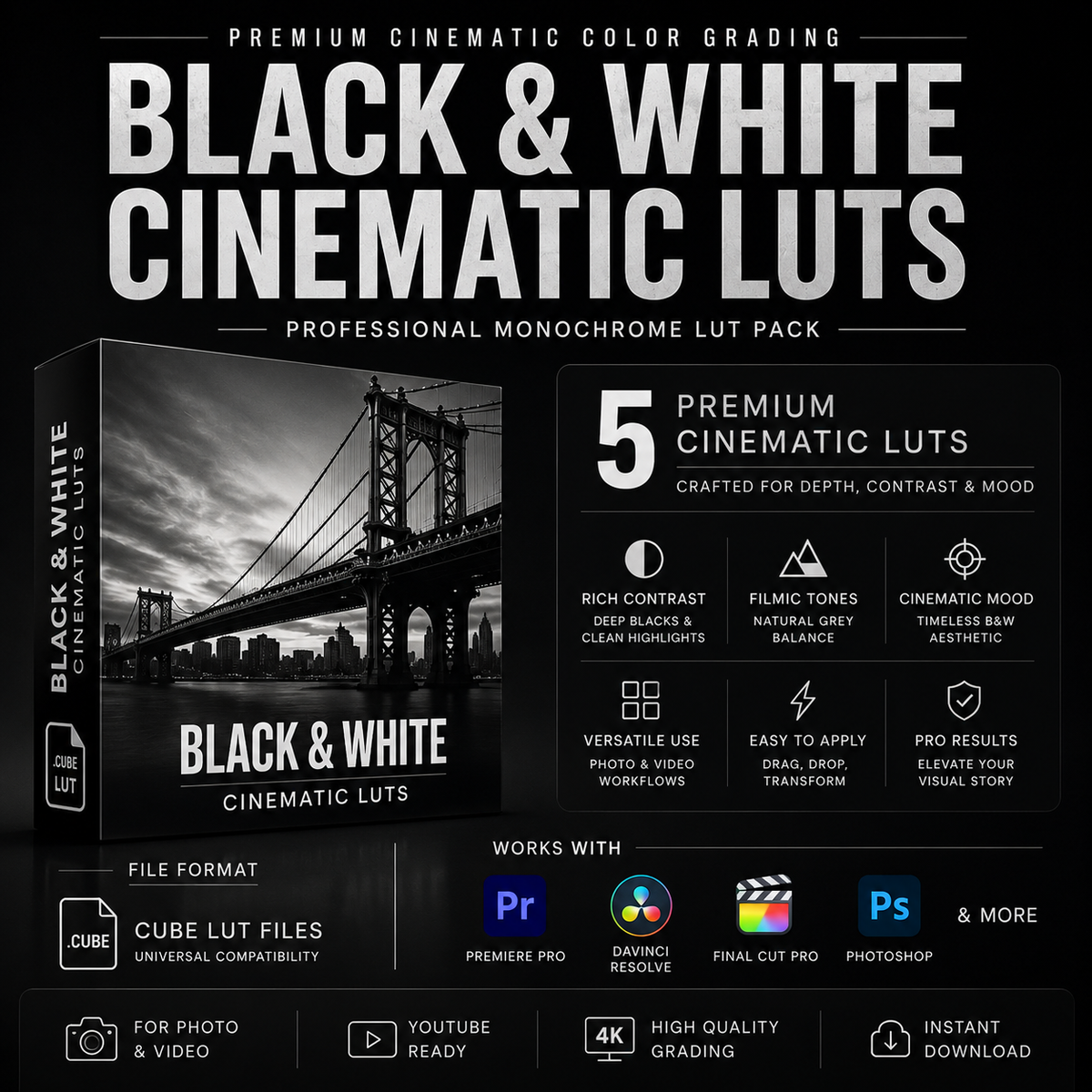 Promotional graphic for a Black & White Cinematic Luts pack, showing a boxed product mockup, large white title text, feature callouts, software compatibility icons for Premiere Pro, DaVinci Resolve, Final Cut Pro, and Photoshop, and download icons on a black background.