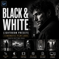Promotional graphic for Lightroom presets featuring a dramatic black-and-white portrait of a man, large text reading 'BLACK & WHITE', and a row of example monochrome photo edits. The Adobe Lightroom logo is visible in the top-left corner.